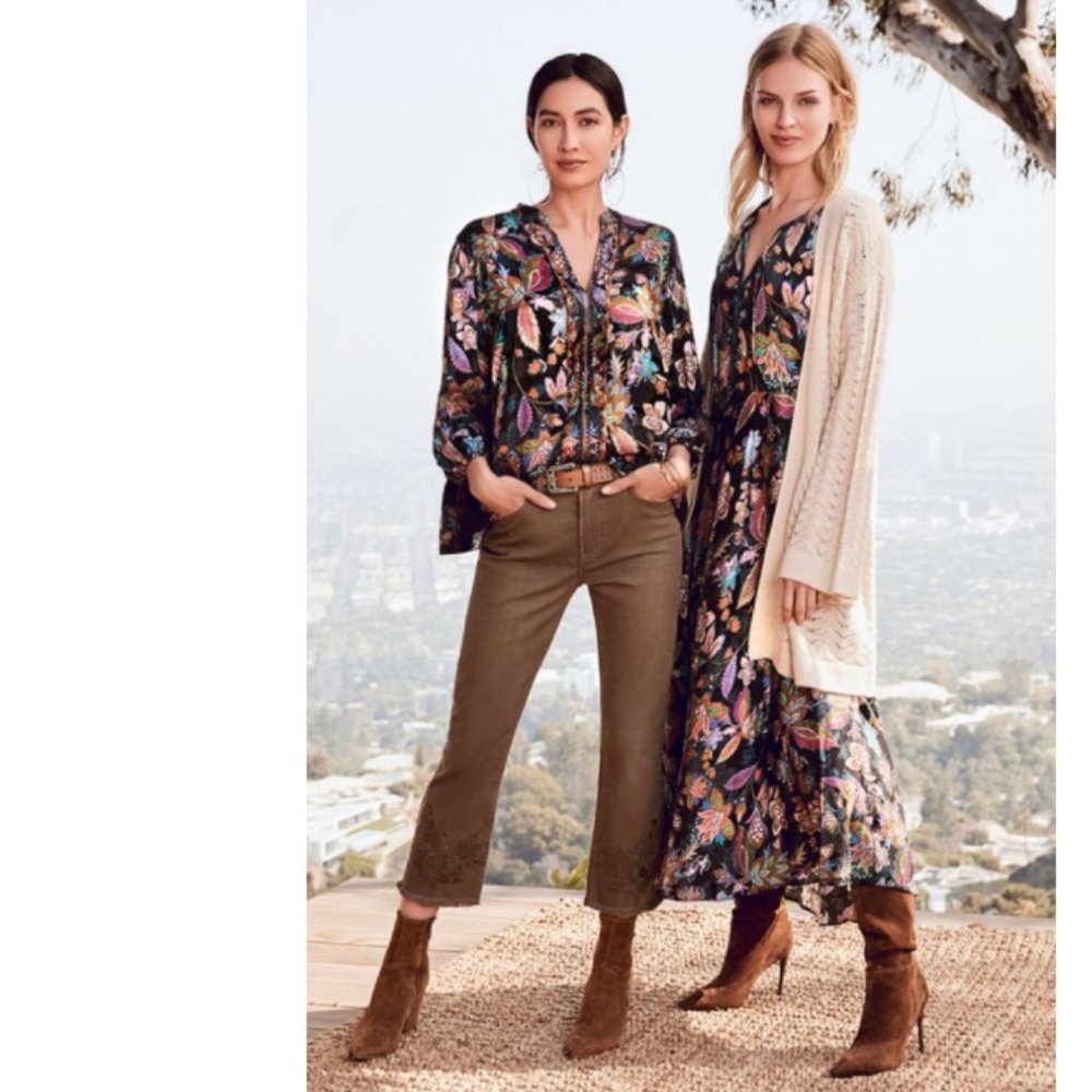 Johnny Was Cream Open-Knit Cardigan over Floral Maxi Dress